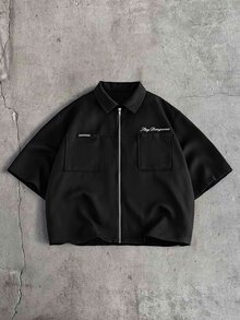 AXEPEAK Men's Embroidered Pocket Zipper Shirt And Button-Up Pocket Long Pants Set - Black - View 5