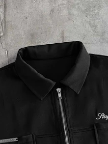 AXEPEAK Men's Embroidered Pocket Zipper Shirt And Button-Up Pocket Long Pants Set - Black - View 4