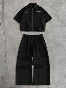 AXEPEAK Men's Embroidered Pocket Zipper Shirt And Button-Up Pocket Long Pants Set - Black - View 3