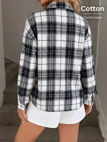 Easowa 女款格紋單排扣休閒百搭日常長袖正式襯衫，棉質舒適，秋季百搭上衣 - 黑與白 - 查看 6