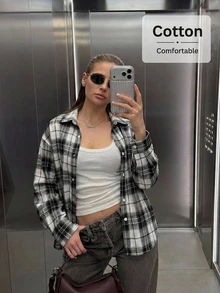 Easowa 女款格紋單排扣休閒百搭日常長袖正式襯衫，棉質舒適，秋季百搭上衣 - 黑與白 - 查看 3