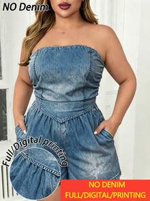 Elenzga Women's Plus Size Summer American Sweet & Spicy Style Denim Effect Washed Blue Denim Back Shirred Waist Design Bandeau Top + Denim Effect Shorts, Casual, Date, Shopping, Vacation Outfits - Blue - View 5