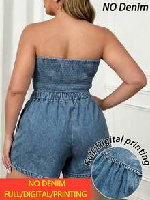 Elenzga Women's Plus Size Summer American Sweet & Spicy Style Denim Effect Washed Blue Denim Back Shirred Waist Design Bandeau Top + Denim Effect Shorts, Casual, Date, Shopping, Vacation Outfits - Blue - View 2