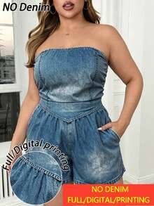 Elenzga Women's Plus Size Summer American Sweet & Spicy Style Denim Effect Washed Blue Denim Back Shirred Waist Design Bandeau Top + Denim Effect Shorts, Casual, Date, Shopping, Vacation Outfits - Blue - View 4