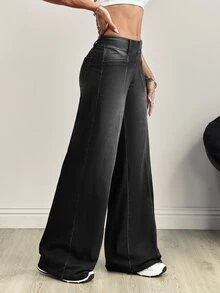 SHEIN Tall 時尚街頭高腰寬腿水洗牛仔褲 - 黑色 - 查看 6