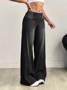 SHEIN Tall 時尚街頭高腰寬腿水洗牛仔褲 - 黑色 - 查看 5