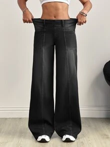 SHEIN Tall 時尚街頭高腰寬腿水洗牛仔褲 - 黑色 - 查看 3
