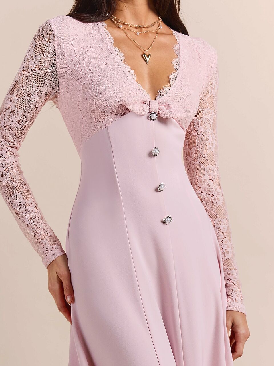 Enchnt Premium Pre-Fall Romantic Women's Elegant Pink V-Neck Lace Patchwork Casual Party Dress,Wedding Day Party Mother Of The Bride Graduation,Festiv
