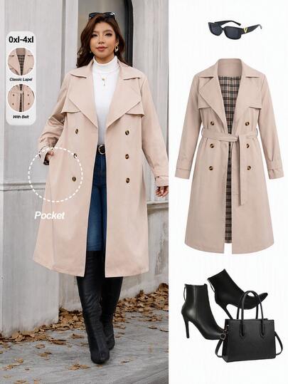SHEIN Clasi Plus Size Women's Long Lapel Trench Coat