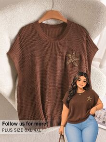CosyJoli Plus Size Women's Round Neck Starfish Pattern Casual Soft Form 1960s 90s Daily Formal Homewear Knit Vest Business Office Dates Brown Autumn - Brown - View 2