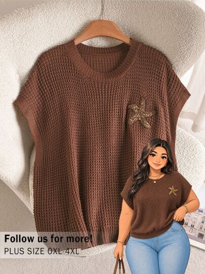 CosyJoli Chaleco de punto para mujer talla grande, cuello redondo, estampado de estrella de mar, casual, suave, estilo años 60 y 90, para uso diario, formal, ropa de casa, oficina, citas, marrón, otoño