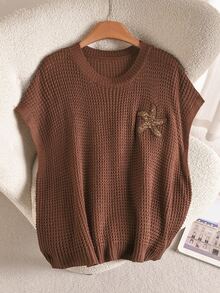 CosyJoli Plus Size Women's Round Neck Starfish Pattern Casual Soft Form 1960s 90s Daily Formal Homewear Knit Vest Business Office Dates Brown Autumn - Brown - View 4