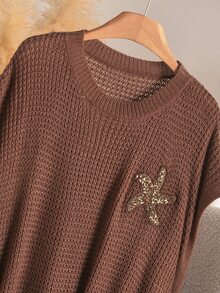 CosyJoli Plus Size Women's Round Neck Starfish Pattern Casual Soft Form 1960s 90s Daily Formal Homewear Knit Vest Business Office Dates Brown Autumn - Brown - View 6