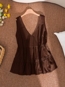 CosyJoli Plus Size Women Summer Casual Vacation Daily Commute Minimalist Solid Color Contrast Lace V-Neck Sleeveless Babydoll Top - Brown - View 5