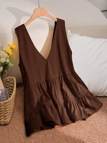 CosyJoli Plus Size Women Summer Casual Vacation Daily Commute Minimalist Solid Color Contrast Lace V-Neck Sleeveless Babydoll Top - Brown - View 2