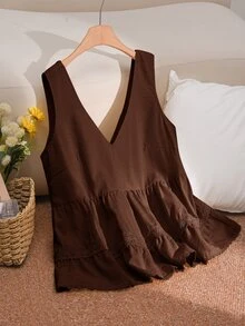 CosyJoli Plus Size Women Summer Casual Vacation Daily Commute Minimalist Solid Color Contrast Lace V-Neck Sleeveless Babydoll Top - Brown - View 1