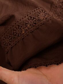CosyJoli Plus Size Women Summer Casual Vacation Daily Commute Minimalist Solid Color Contrast Lace V-Neck Sleeveless Babydoll Top - Brown - View 6