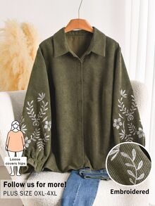 CosyJoli 大尺碼女款花卉刺繡長袖單排扣休閒西式狩獵夾克，秋季徒步、晚宴、正式場合、辦公室適用，橄欖綠針織外套 - 橄欖綠 - 查看 4