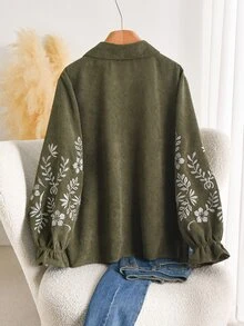 CosyJoli 大尺碼女款花卉刺繡長袖單排扣休閒西式狩獵夾克，秋季徒步、晚宴、正式場合、辦公室適用，橄欖綠針織外套 - 橄欖綠 - 查看 3