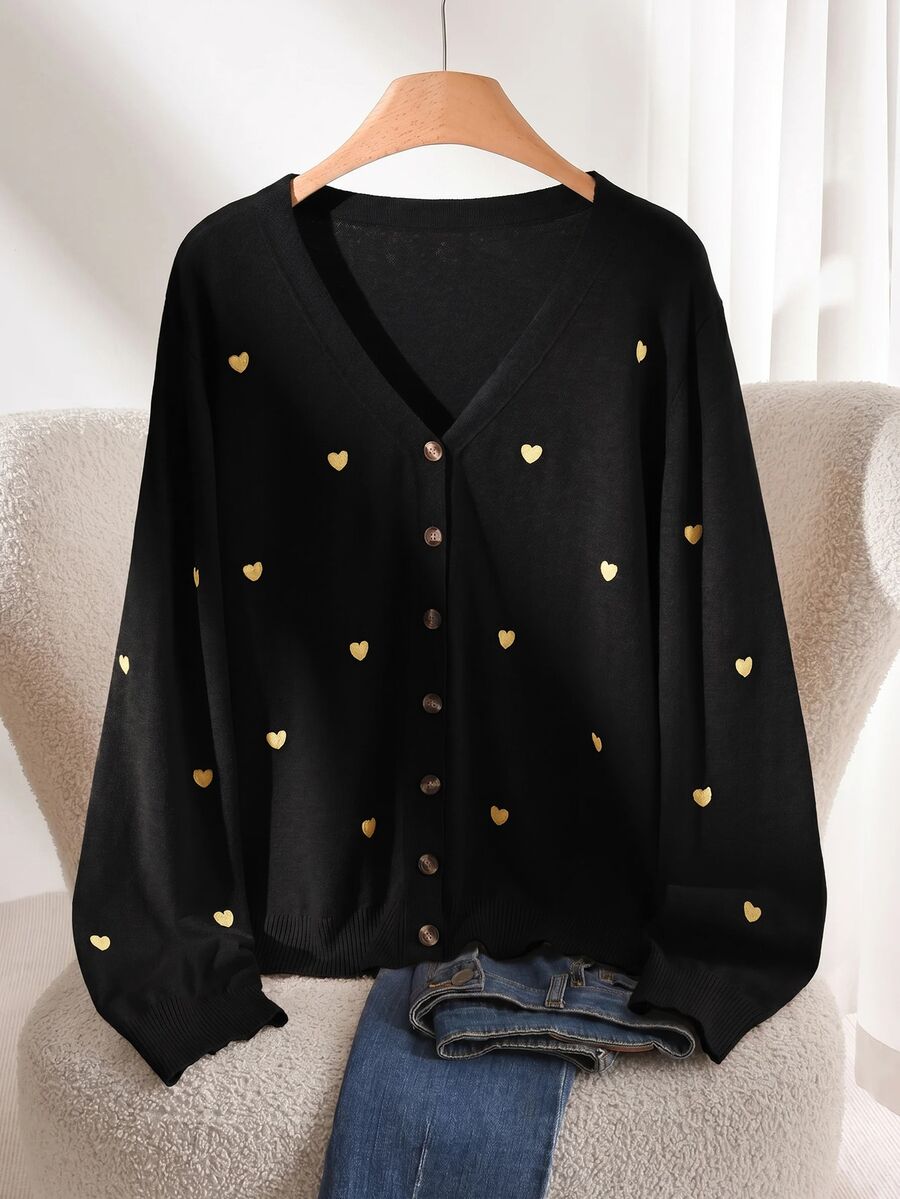 CosyJoli Cardigan básico con bordado de corazón para mujer talla grande, invierno y otoño