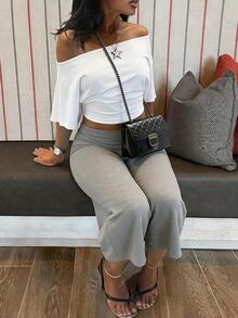 BamGleam Hot Girl Style White Asymmetrical Shoulder Short T-Shirt White Wide Leg Capri Pants Set Casual Sexy Two Pieces Lounge Club Summer Light Grey - Multicolor - View 4