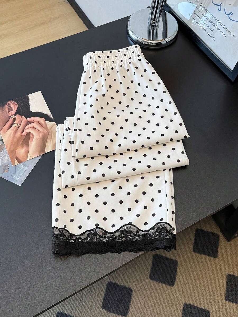SHEIN 女童(大童)春夏秋冬休閒百搭日常運動街頭風蕾絲黑白對比鬆身長褲,可搭配運動鞋與任何T恤,適合日常穿著 - 白色 - 查看 1