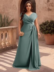 Coutiva Plus Size Women's 3D Floral Decor Pleated Elegant Formal Bridal Dinner Evening Mother Dress Wedding Green Spring - Lime Green - View 5