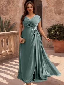 Coutiva Plus Size Women's 3D Floral Decor Pleated Elegant Formal Bridal Dinner Evening Mother Dress Wedding Green Spring - Lime Green - View 1