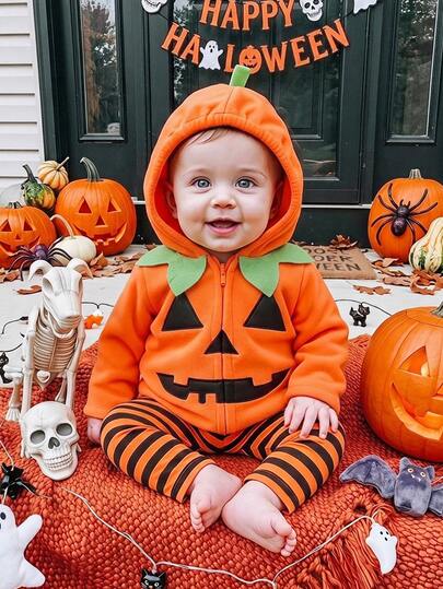 Newborn Baby Halloween Cute Orange Hooded Romper & Striped Pants 2-Piece Set Halloween Costumes Suitable For Babies,Halloween Festival Outfits