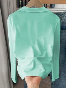 SHEIN 女款 Polo 領修身 T 恤，休閒極簡優雅風，適合日常休閒穿著，長袖上衣，春/秋季新款時尚上衣，蝴蝶結圖案 T 恤上衣 - 彩色 - 查看 2