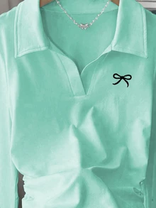 SHEIN 女款 Polo 領修身 T 恤，休閒極簡優雅風，適合日常休閒穿著，長袖上衣，春/秋季新款時尚上衣，蝴蝶結圖案 T 恤上衣 - 彩色 - 查看 3