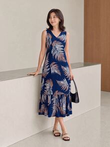 Rusticease Women's Summer Vacation Tropical Plant Print V-Neck Sleeveless Casual Sexy Boho Breezy Dress Vacation Beach Navy Blue Floral - Multicolor - View 4