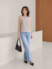 SHEIN LUNE 休閒女款條紋鈕扣式無袖襯衫 - 綠色 - 查看 3