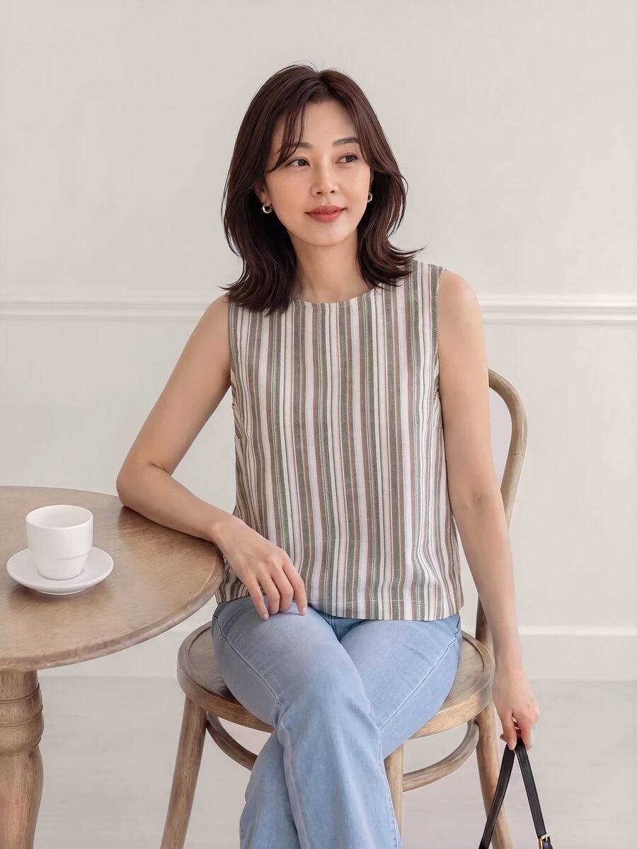 SHEIN LUNE 休閒女款條紋鈕扣式無袖襯衫 - 綠色 - 查看 1