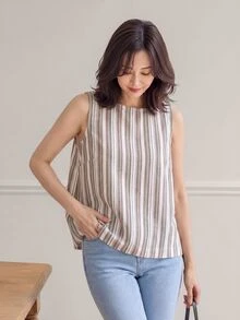 SHEIN LUNE 休閒女款條紋鈕扣式無袖襯衫 - 綠色 - 查看 5