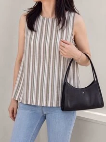 SHEIN LUNE 休閒女款條紋鈕扣式無袖襯衫 - 綠色 - 查看 4