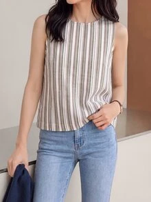 SHEIN LUNE 休閒女款條紋鈕扣式無袖襯衫 - 綠色 - 查看 6