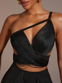 Hauture Women's Sexy Hanging Fringe Backless Asymmetric Sleeveless Top, Perfect For Summer Party, Holiday, Beach, Resort, Vacation, Dancing, Concerts - Black - View 1