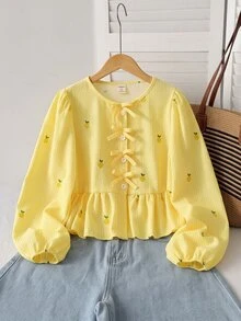 Girl's Pale Yellow Pineapple Crop Top, Textured Striped Puff Long Sleeves, Ruffle Hem, Autumn Vibes, School Cute Casual - Yellow - View 1