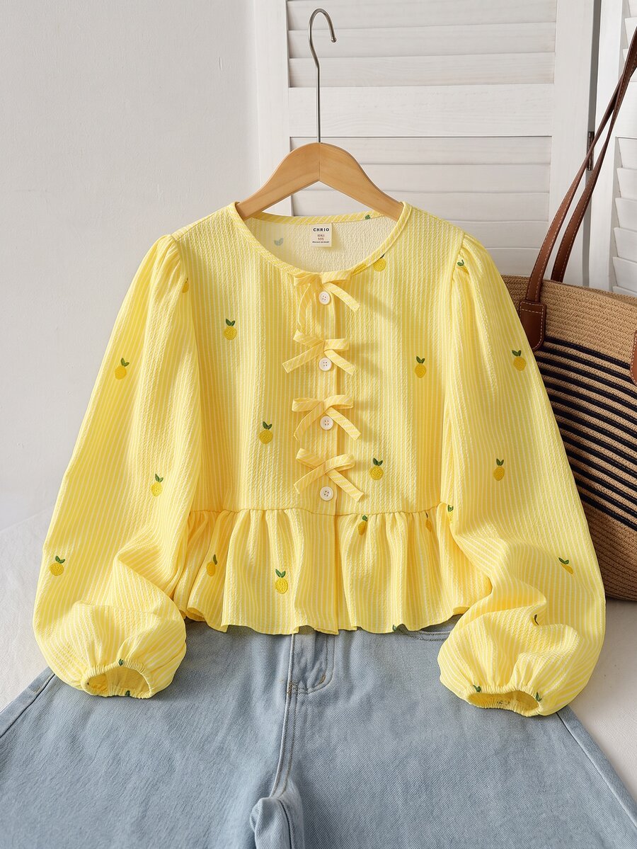 Girl's Pale Yellow Pineapple Crop Top, Textured Striped Puff Long Sleeves, Ruffle Hem, Autumn Vibes, School Cute Casual - Yellow - View 1