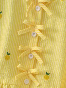 Girl's Pale Yellow Pineapple Crop Top, Textured Striped Puff Long Sleeves, Ruffle Hem, Autumn Vibes, School Cute Casual - Yellow - View 6