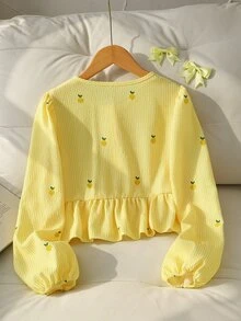 Girl's Pale Yellow Pineapple Crop Top, Textured Striped Puff Long Sleeves, Ruffle Hem, Autumn Vibes, School Cute Casual - Yellow - View 2