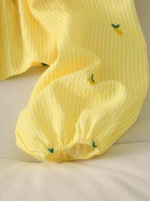 Girl's Pale Yellow Pineapple Crop Top, Textured Striped Puff Long Sleeves, Ruffle Hem, Autumn Vibes, School Cute Casual - Yellow - View 4