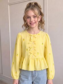 Girl's Pale Yellow Pineapple Crop Top, Textured Striped Puff Long Sleeves, Ruffle Hem, Autumn Vibes, School Cute Casual - Yellow - View 7