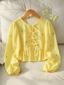 Girl's Pale Yellow Pineapple Crop Top, Textured Striped Puff Long Sleeves, Ruffle Hem, Autumn Vibes, School Cute Casual - Yellow - View 3