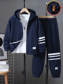 SHEIN 2件組兒童青少年男孩運動休閒日常舒適款 白色字母裝飾與白色條紋海軍藍寬鬆連帽拉鍊運動外套與長褲套裝，適合旅行、上學、日常運動，秋冬穿著 - 藏蓝色 - 查看 4