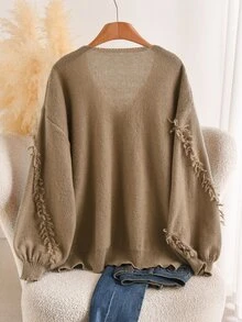CosyJoli Cardigan Rajut Lengan Panjang Bertekstur dengan Tepi Berumbai dan Tali Pengikat untuk Ukuran Plus, Serbaguna, Cocok untuk Liburan Musim Gugur, Kencan Malam, dan Acara Formal, Elegan untuk Musim Gugur/Dingin. - Coklat - View 3