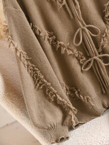 CosyJoli Cardigan Rajut Lengan Panjang Bertekstur dengan Tepi Berumbai dan Tali Pengikat untuk Ukuran Plus, Serbaguna, Cocok untuk Liburan Musim Gugur, Kencan Malam, dan Acara Formal, Elegan untuk Musim Gugur/Dingin. - Coklat - View 7