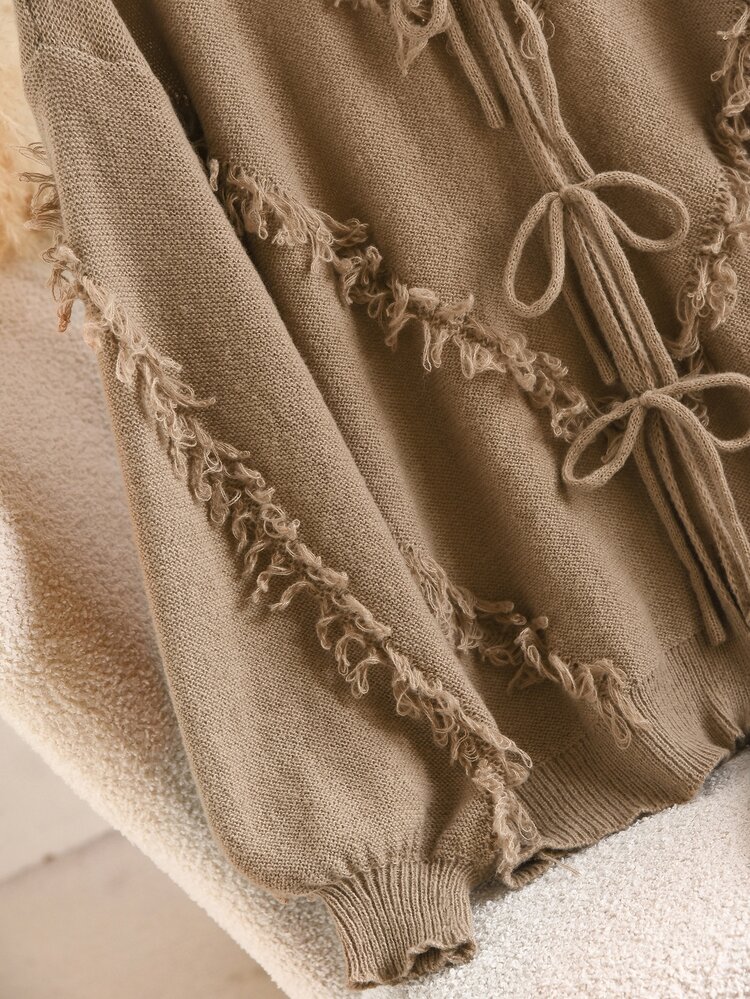 CosyJoli Plus Size Fashion Versatile Frayed Edge Tie-Up Textured Long Sleeve Knit Cardigan Autumn Vacation Evening Dates Formal Cardian Elegant Fall/Winter - Brown - View 6