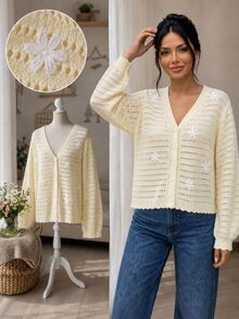 CosyJoli Cárdigan fino de otoño para mujer con cuello en V, calado, bordado floral, manga larga, estilo formal romántico de hada L'amoure, casual para citas, fiesta y noche de cita, blanco - Amarillo - Ver 8